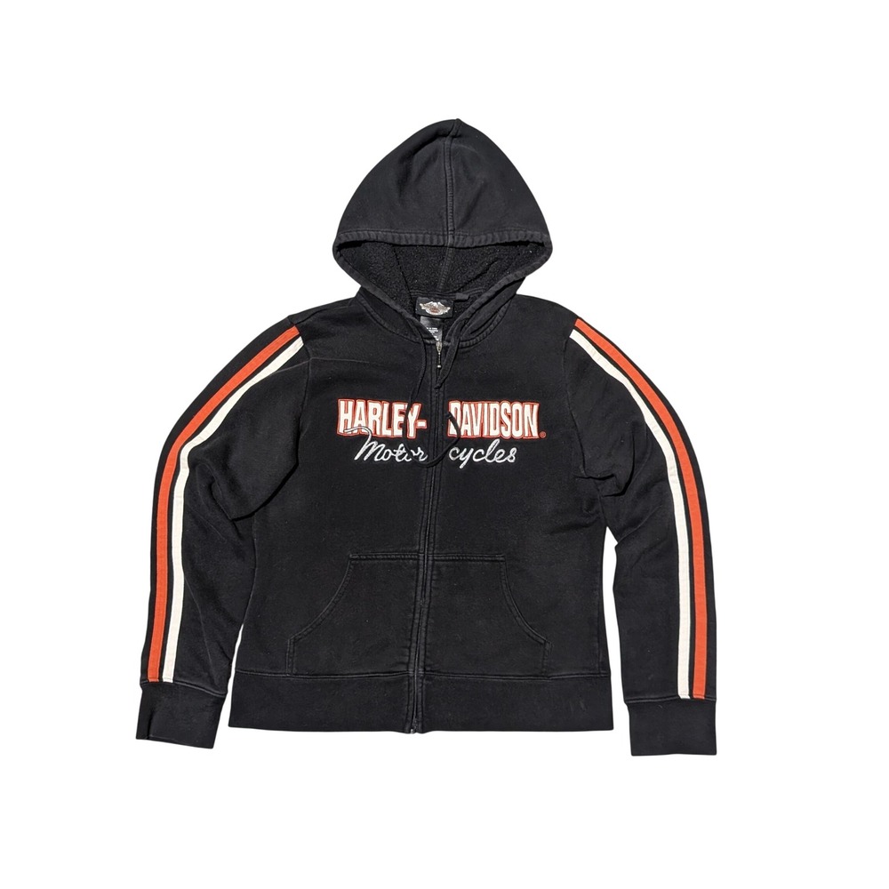 Harley-Davidson Hoodie Womens L Black Full Zip Racing Stripe Embroidered Moto